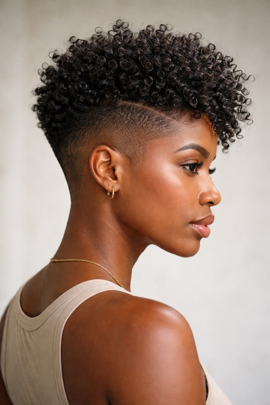 Profile view of a person with an undercut and defined curls on top