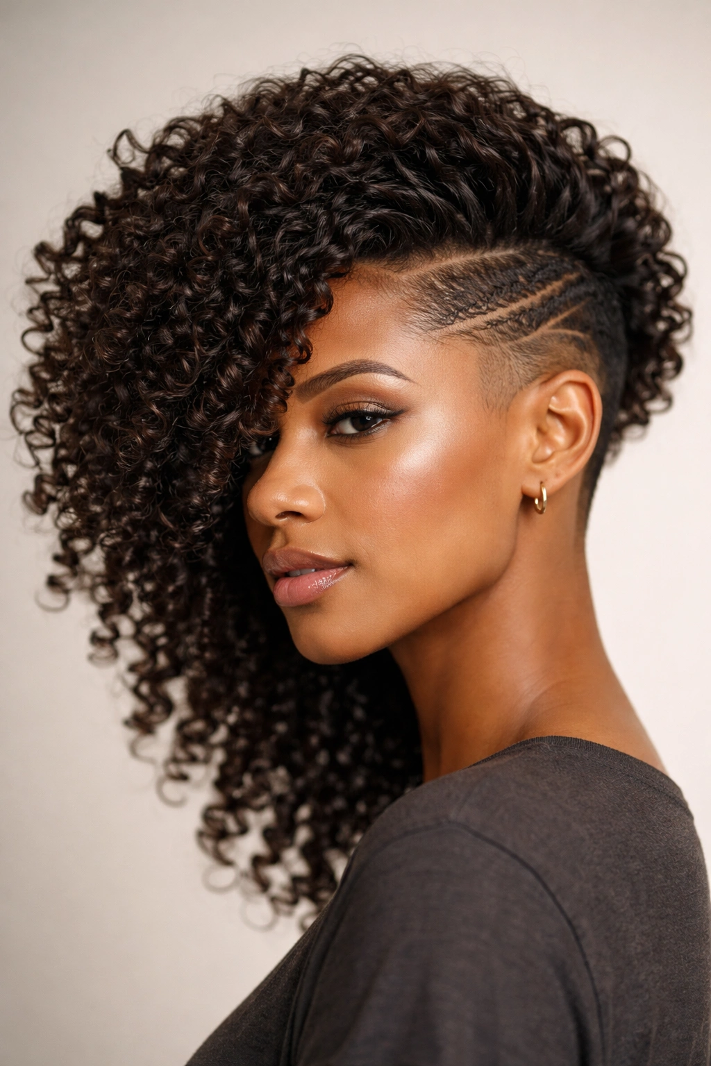 Side-swept curls over an undercut with 3c texture
