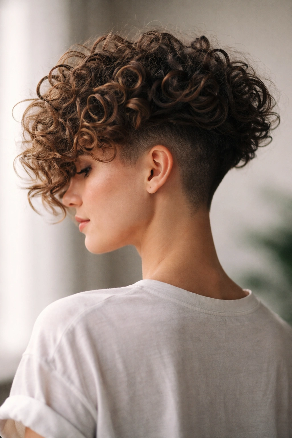 Profile view of curly hair with a disconnected undercut and a full, textured top