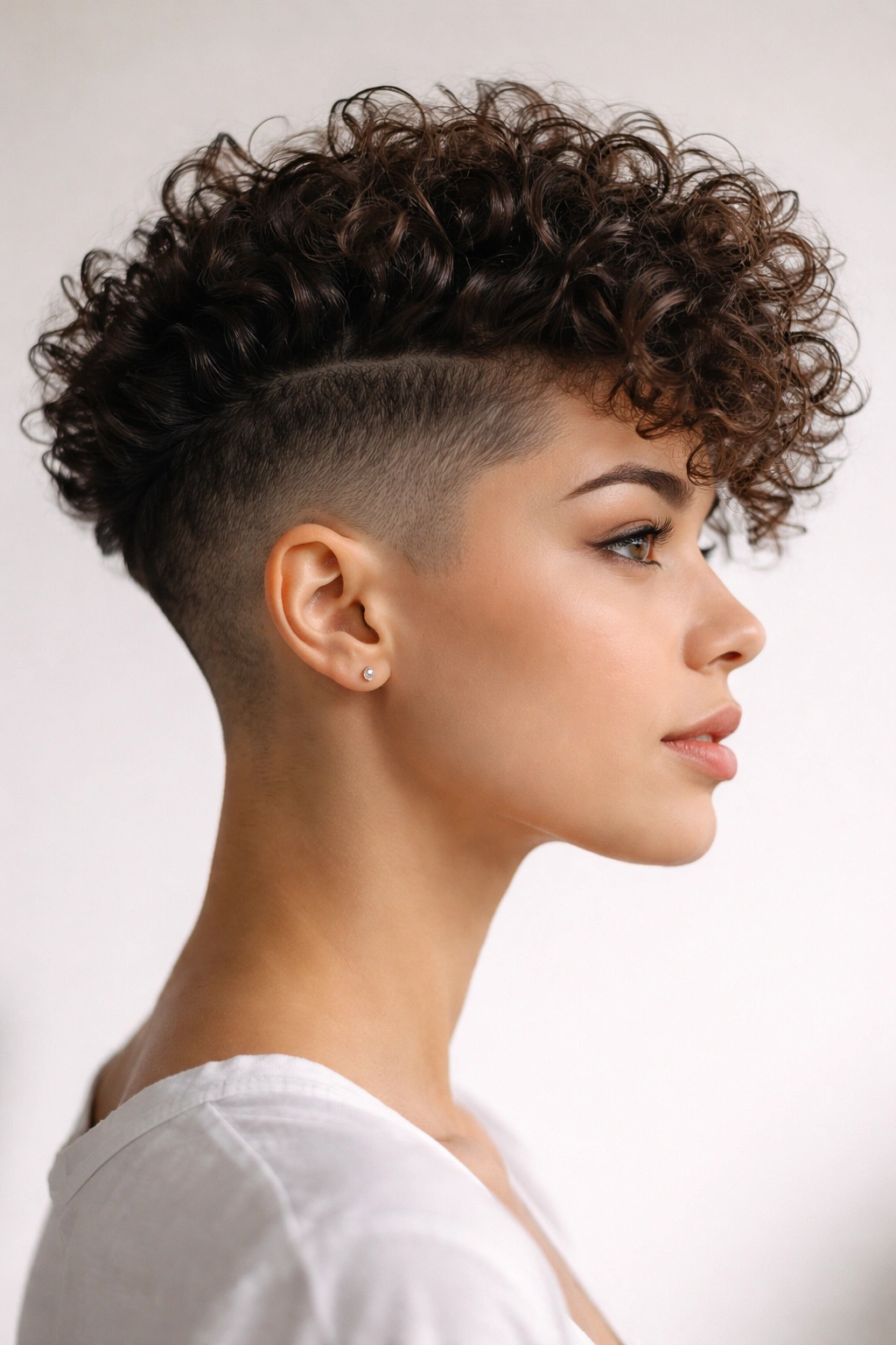 Side profile of a bold two-texture undercut with shaved sides and curly crown.