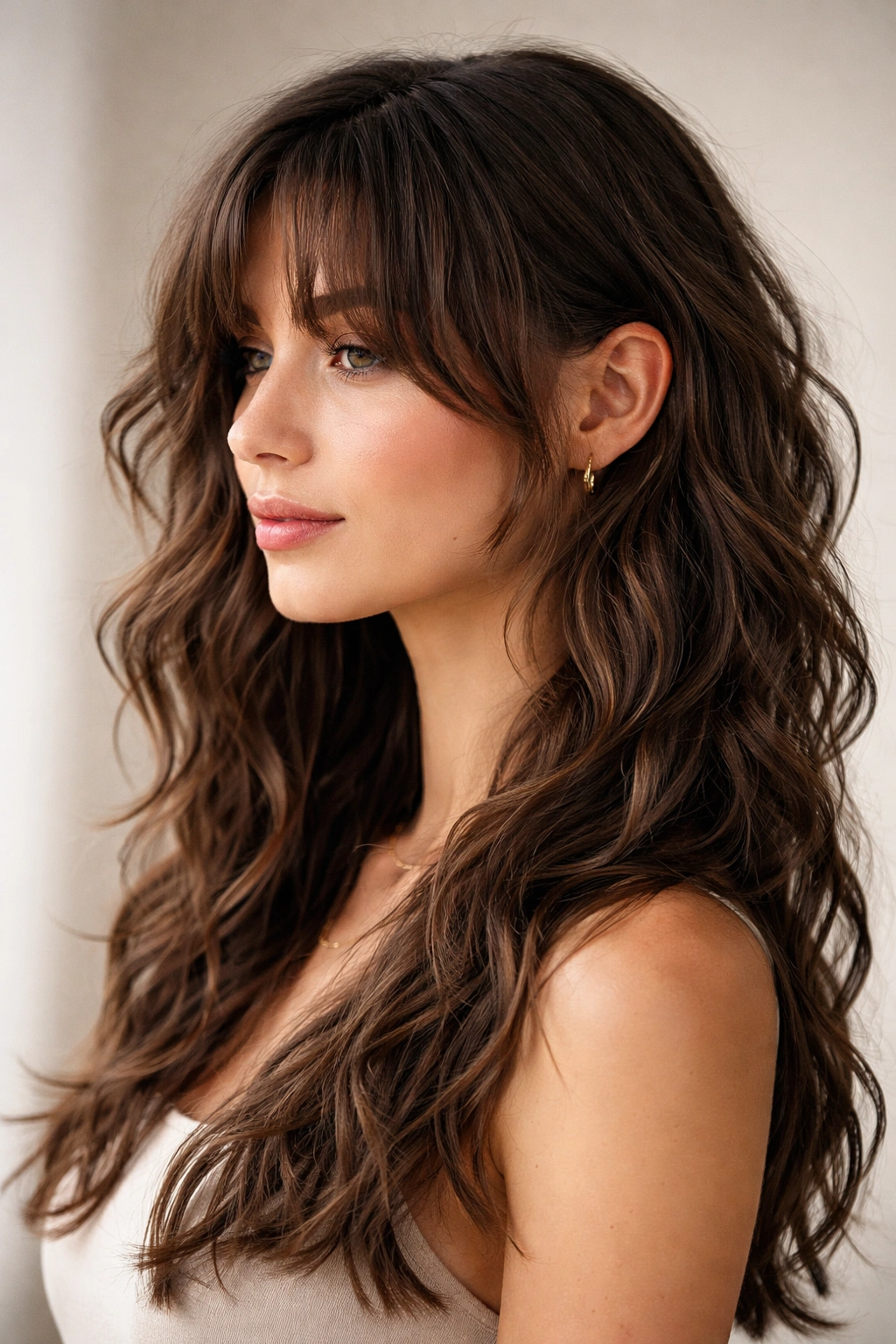 Close-up profile of natural textured curtain bangs with undercut