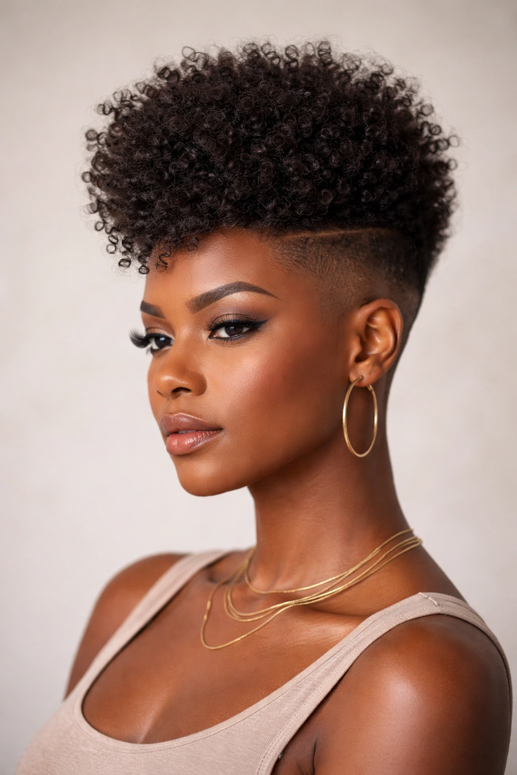 Portrait of a Black woman with undercut fade and voluminous top.