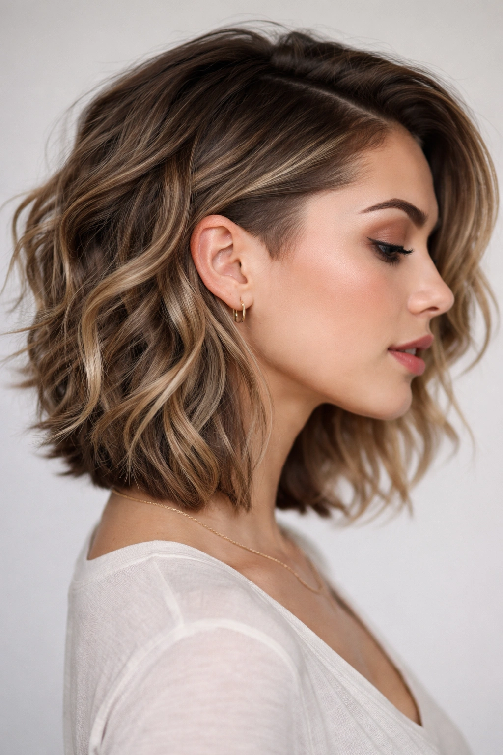 Medium wavy hair with subtle undercut details on a round-face model