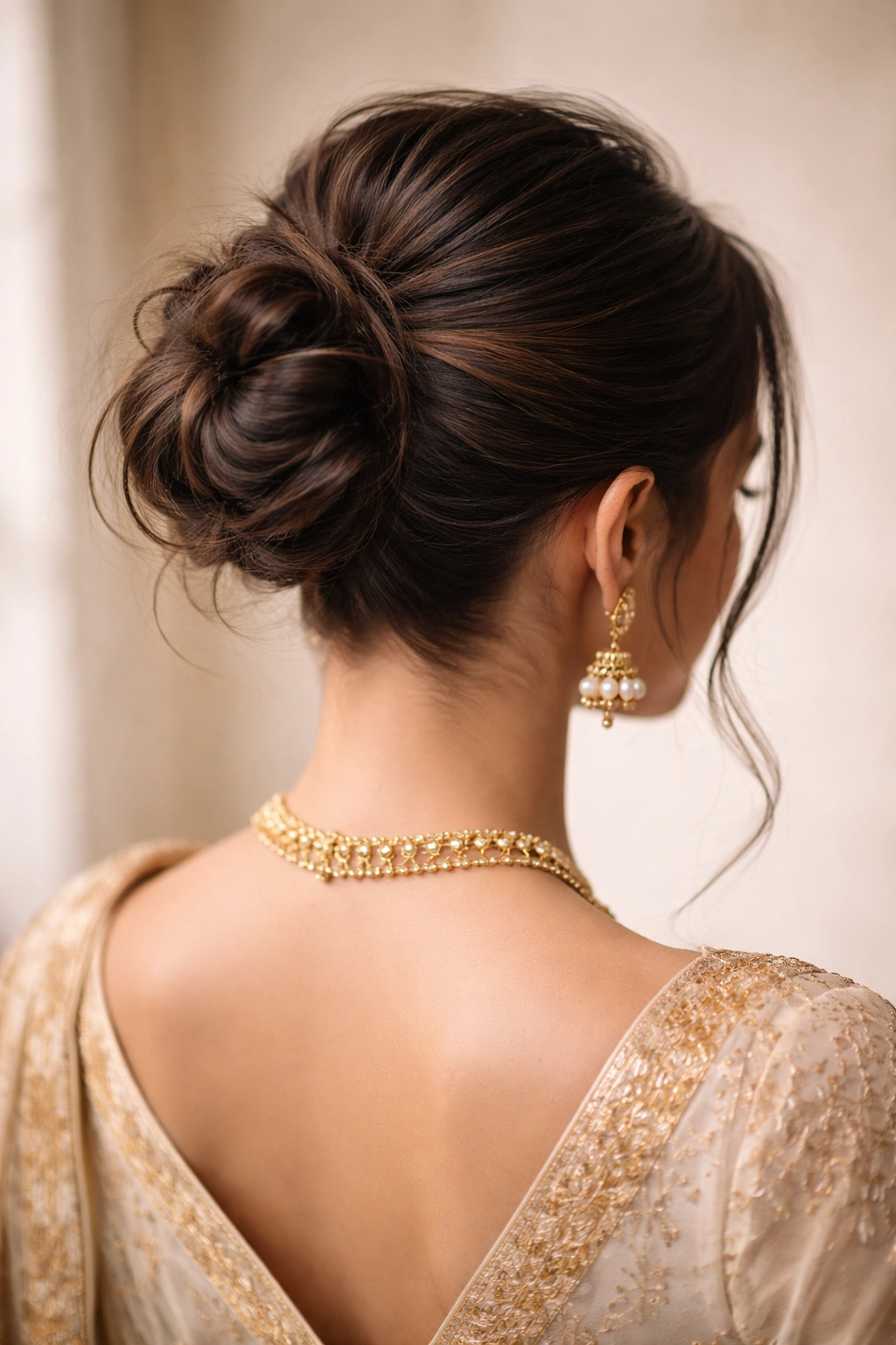 Back view of sleek undercut messy bun with teased crown