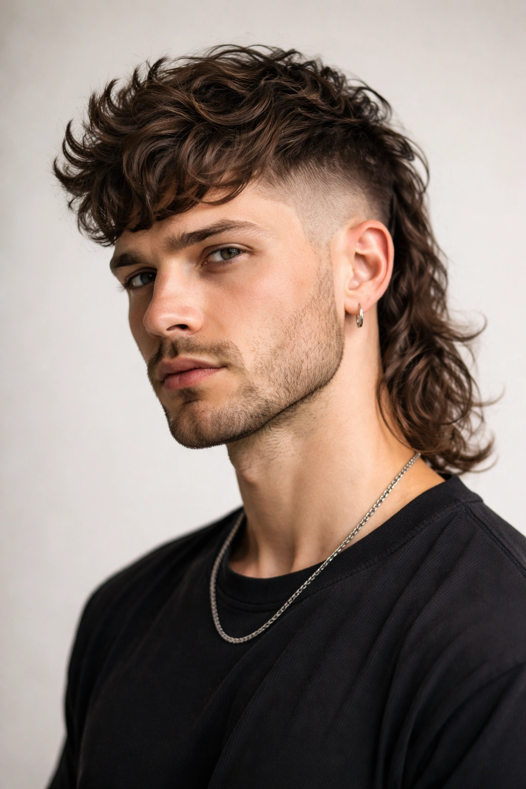 Undercut wavy mullet hairstyle with clean line