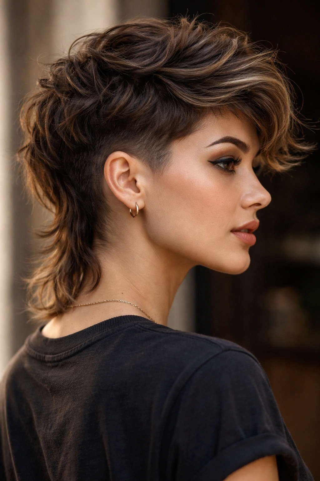 Three-quarter view of undercut pixie with long top and shaved sides