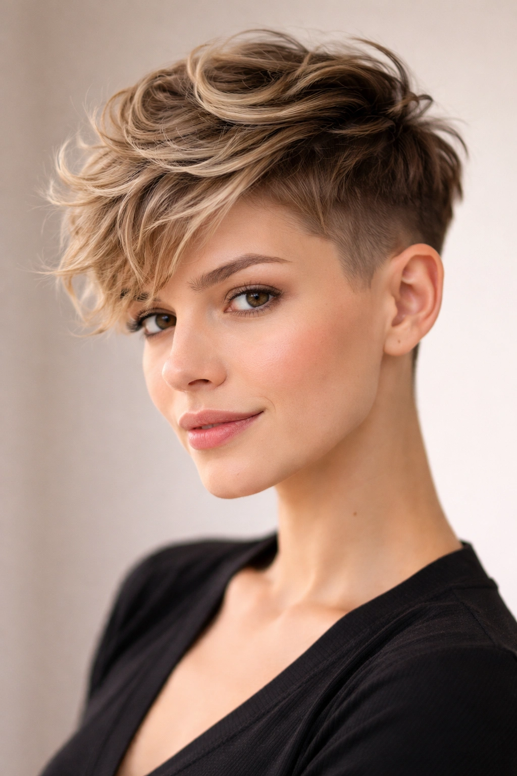 Undercut pixie with short sides and longer top with soft waves