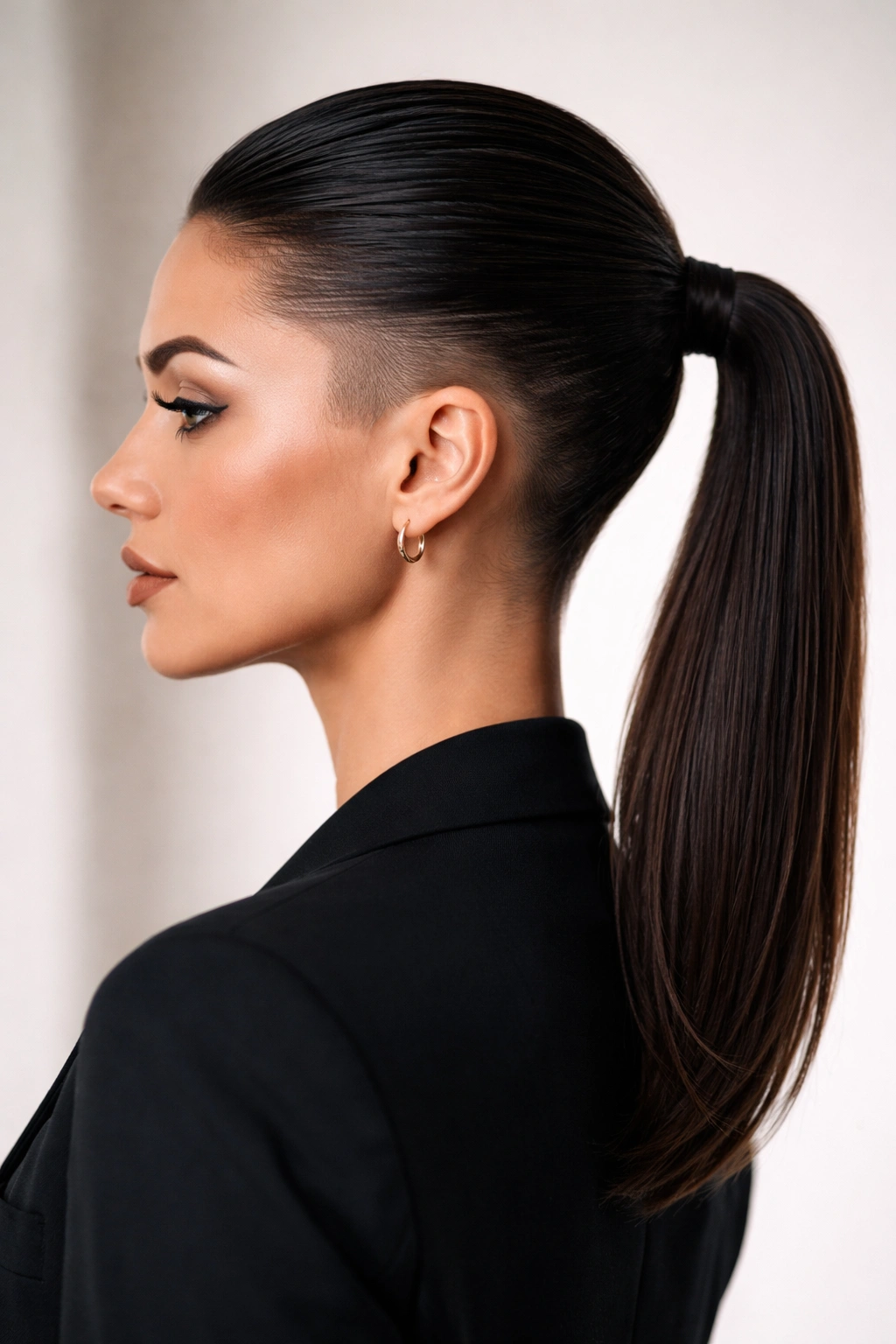 Side-profile of a sleek low ponytail with a visible undercut, high-shine straight hair.