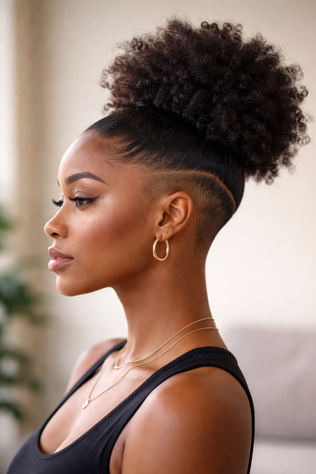 Side profile of an undercut puff with shaved sides and a top puff