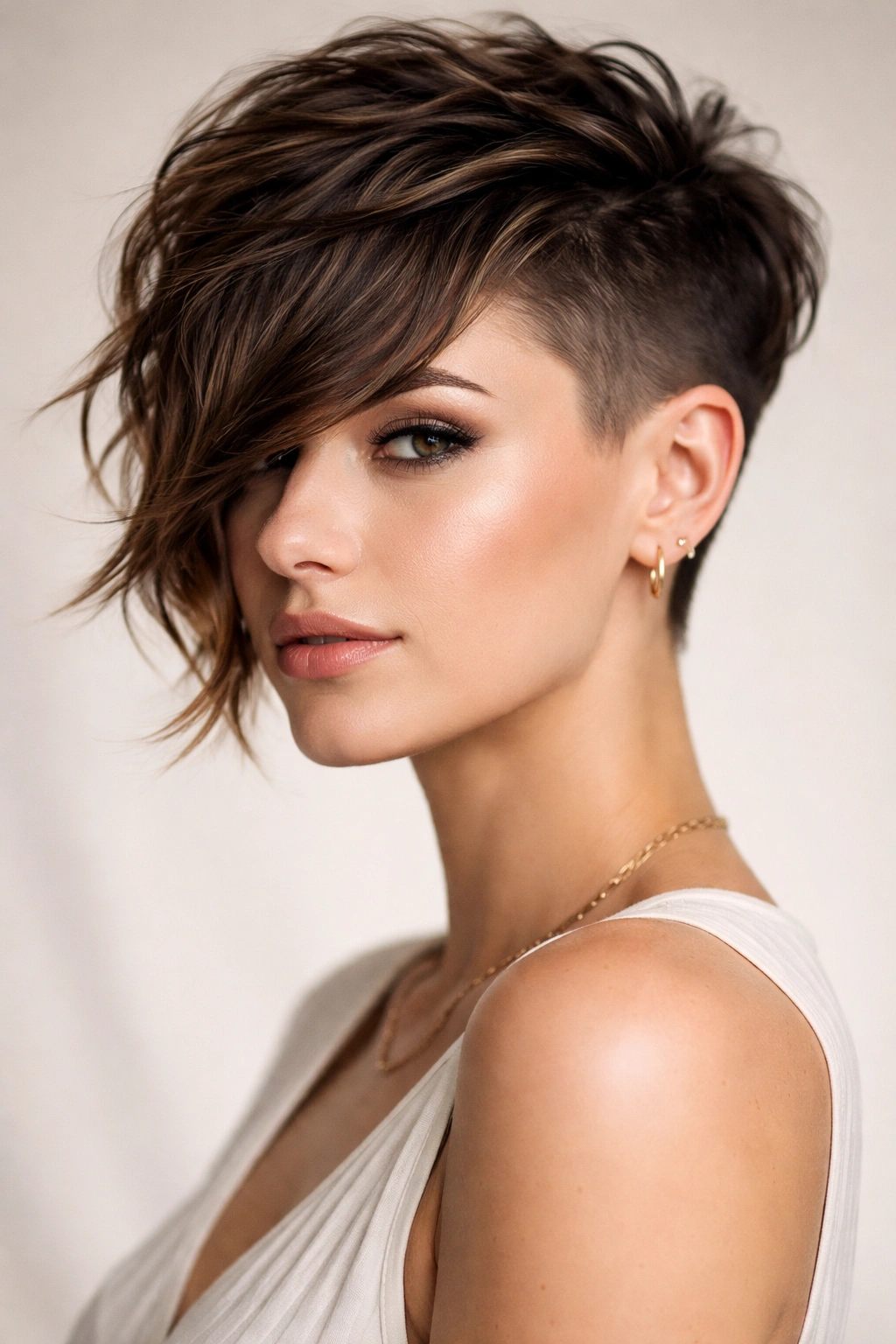 Close-up of a disconnected undercut with sharp blunt side bangs and wavy top.