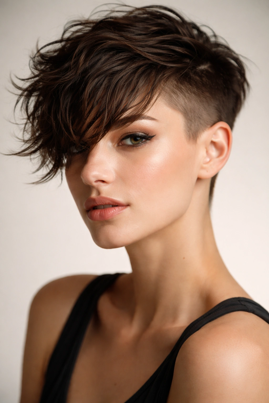 Portrait of a person with an undercut and slicked bangs showing strong contrast between sides and top