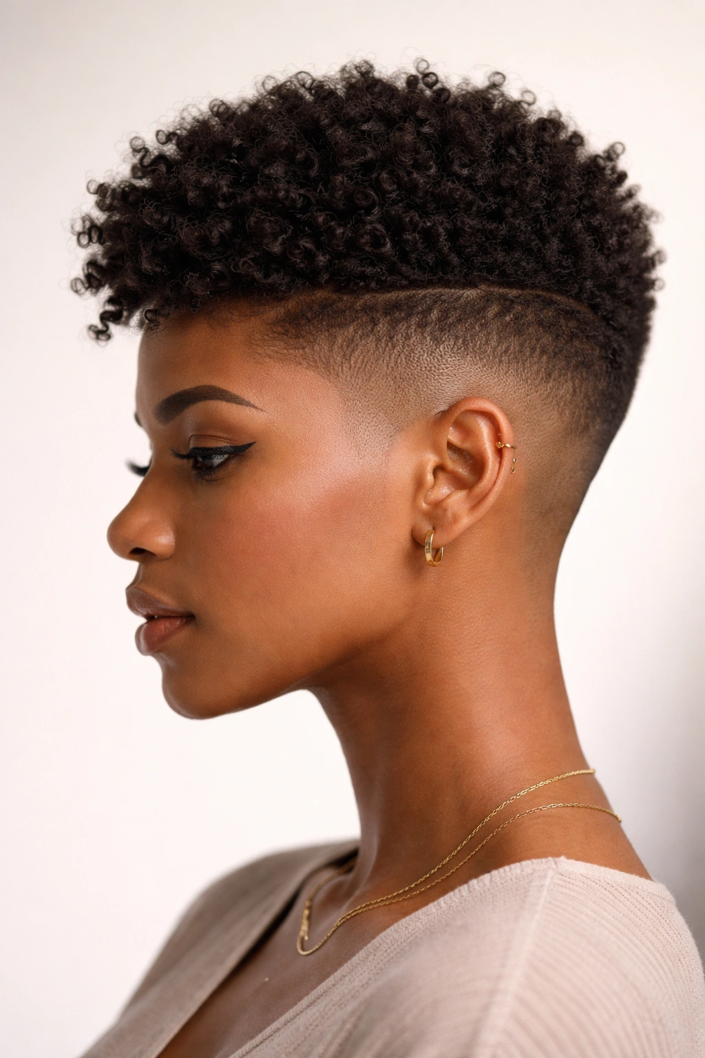 Side view of The Undercut Textured Top showing top length and shaved sides