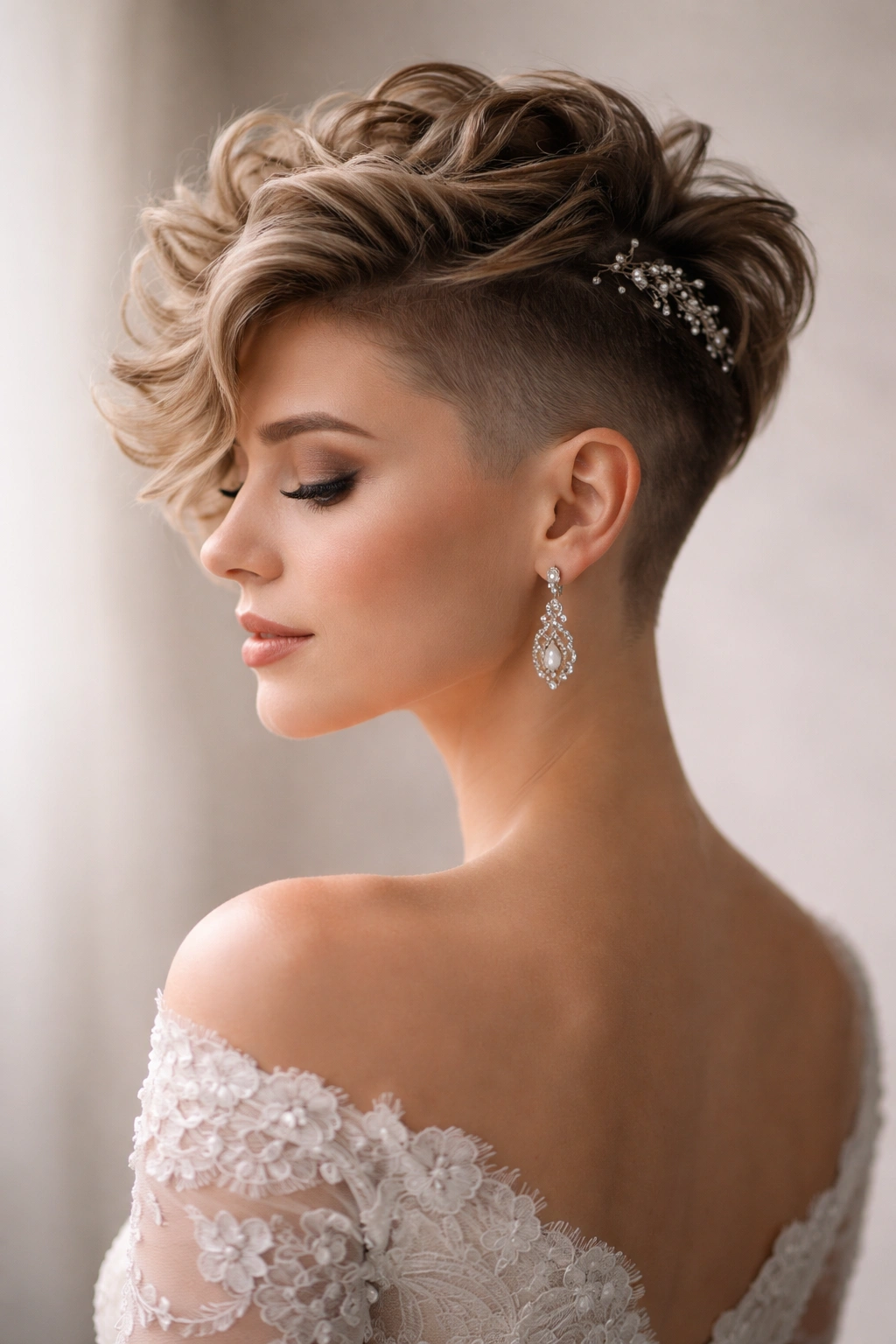 Close-up of an undercut with textured top waves for a bridal hairstyle