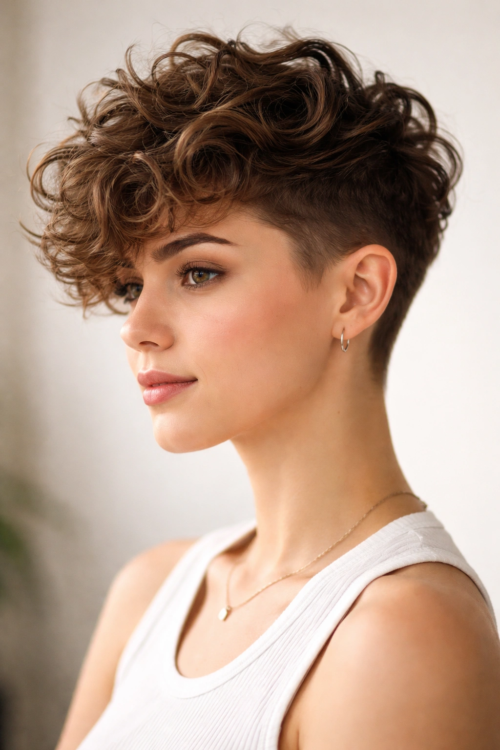 Side view of a curly top with short sides showing volume