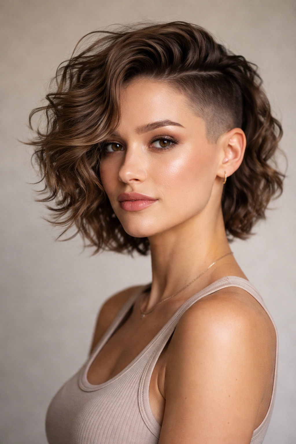 Head-and-shoulders showing wavy hair with shaved sides for bold contrast.