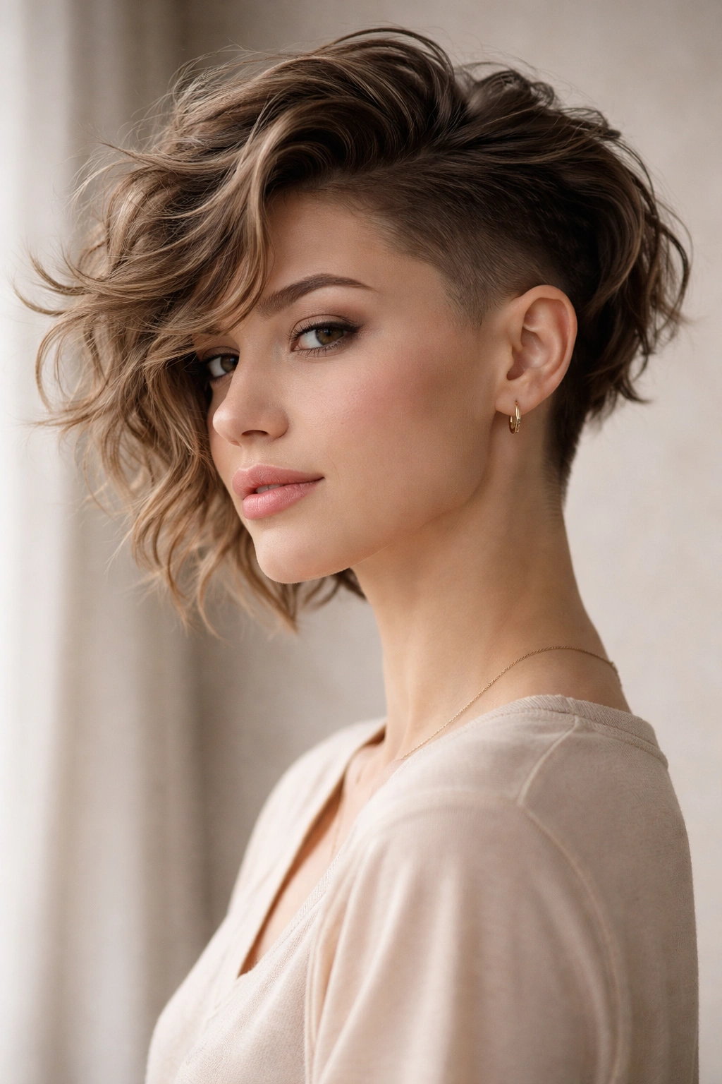 Portrait of a person with an undercut and wavy top, showing movement and balance.