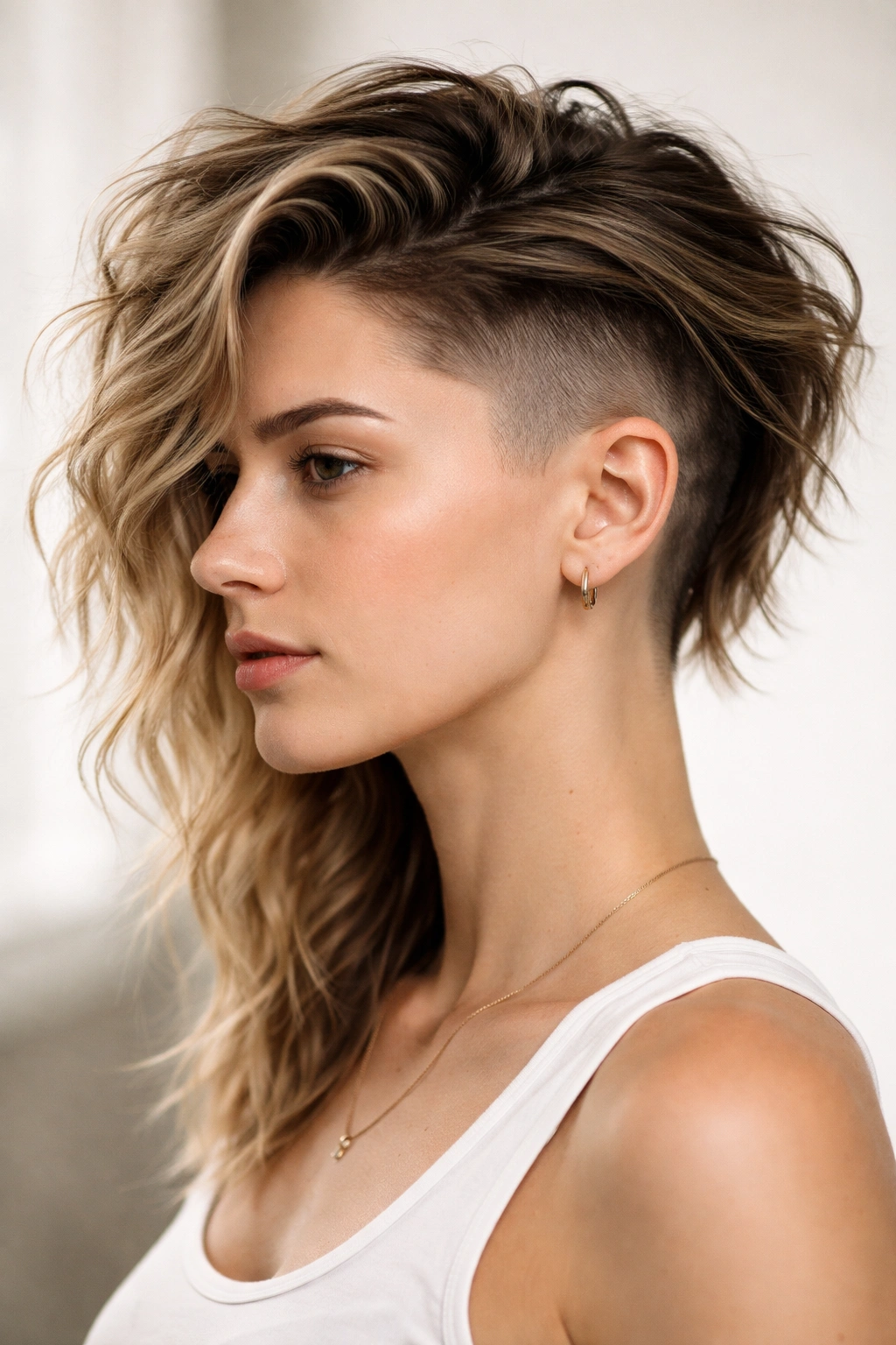 Close-up of a person with an undercut and long top waves showing edgy texture
