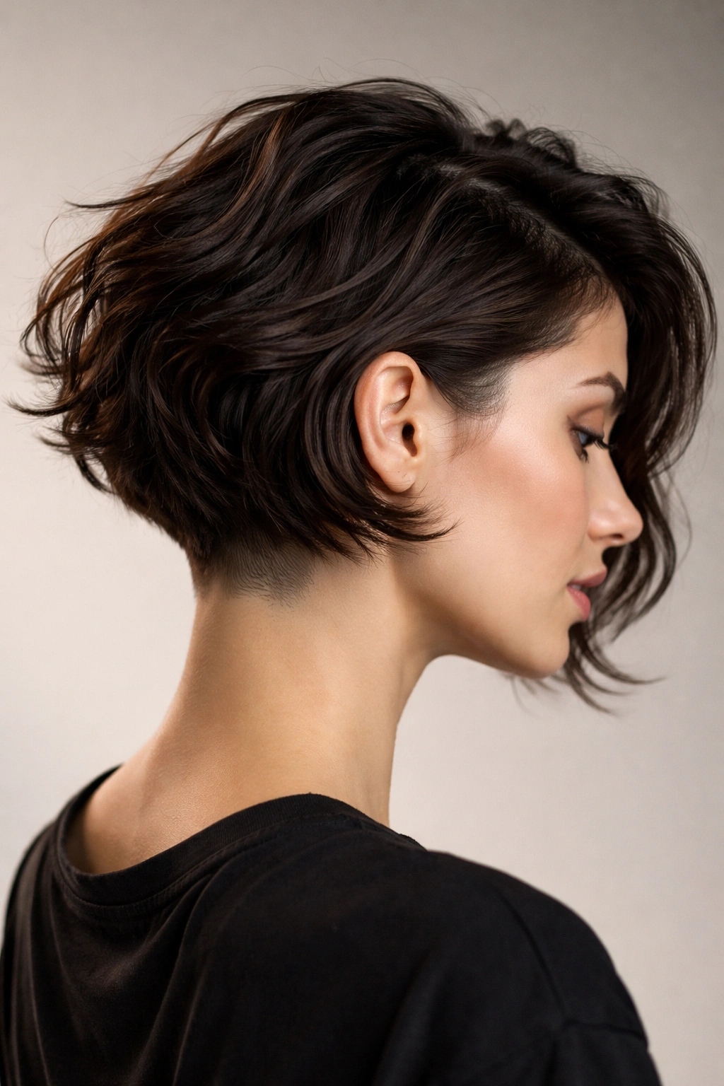 Close-up profile of a person with a wavy bob and shaved undercut at the nape