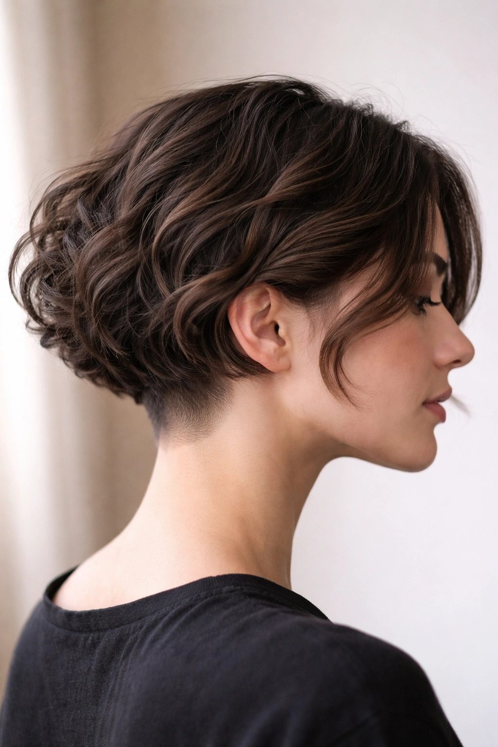Side profile of Wavy French Bob with Undercut showing nape undercut.