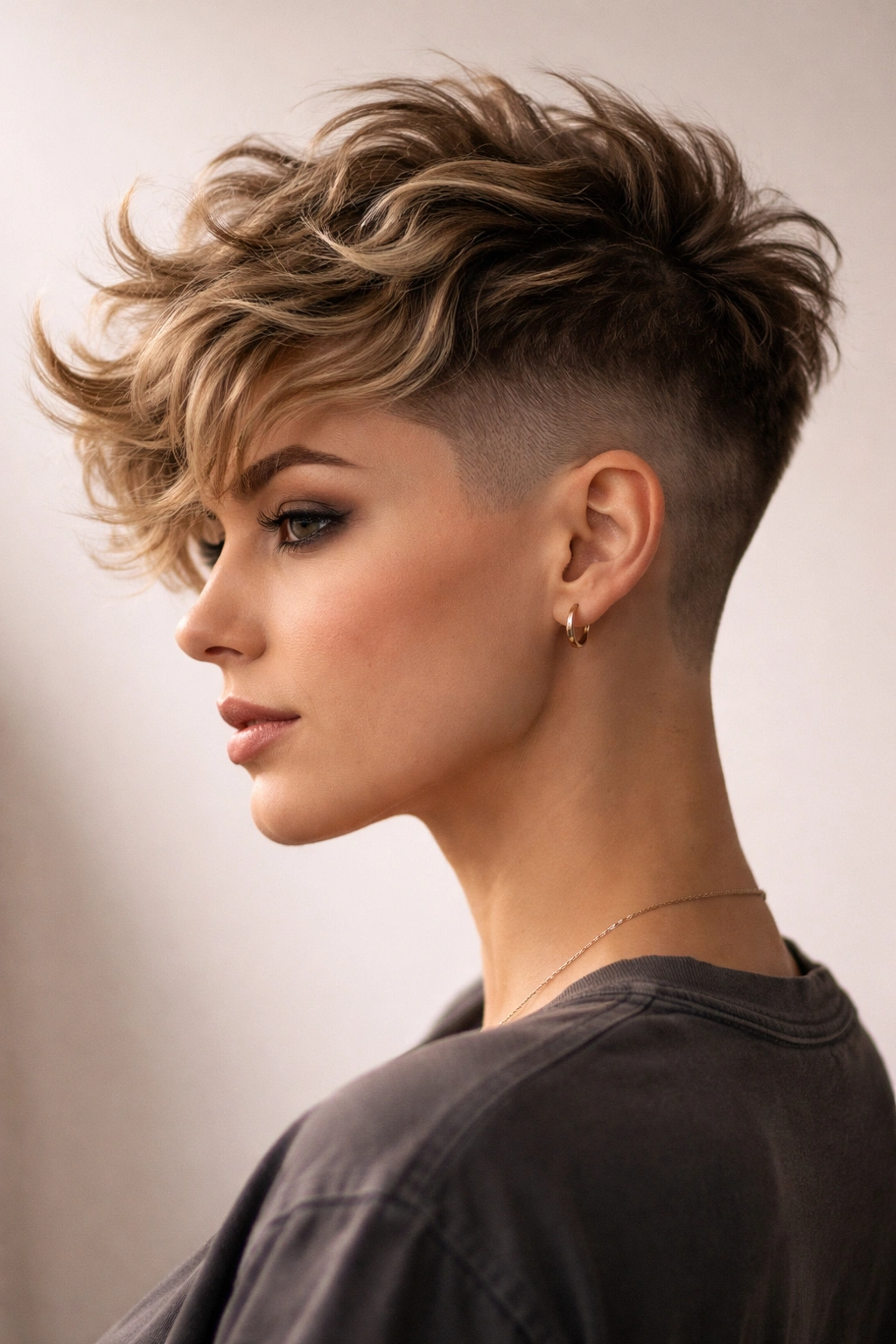 Profile view of a wavy disconnected undercut with shaved sides and textured top