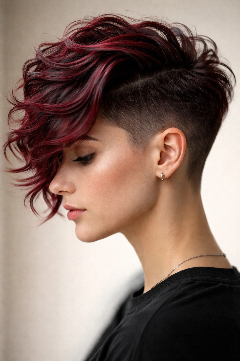 Side profile of an undercut with a wavy top in wine red tones