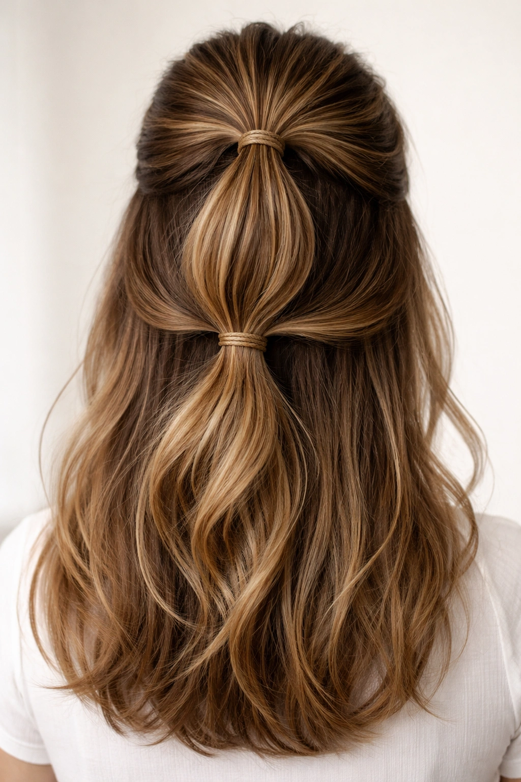 Close-up showing a two-layer half-up hairstyle with an upper crown section and a distinct lower underlayer