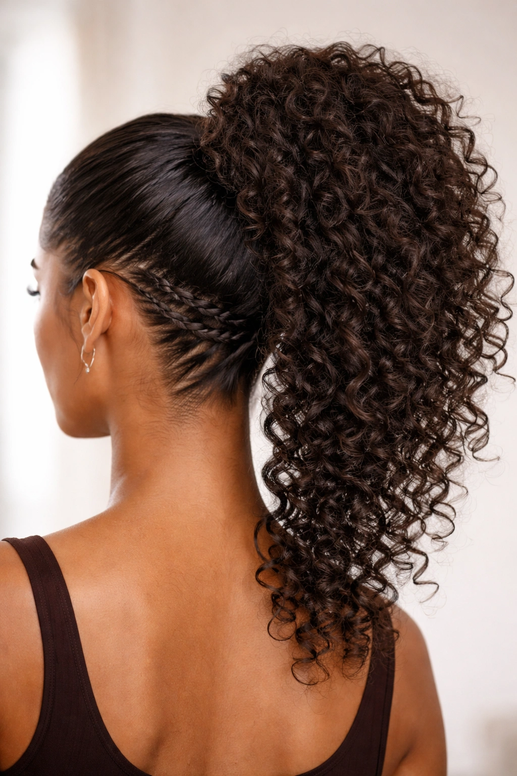 Underside two-strand twists woven into a ponytail with top curls.