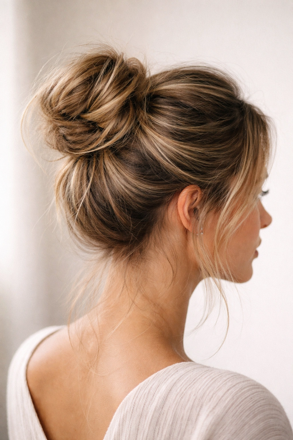 Close-up of a high crown undone bun with textured strands secured by pins.