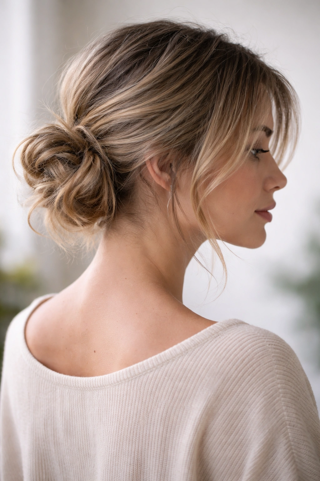 Short-haired model with textured low bun and loose face-framing strands