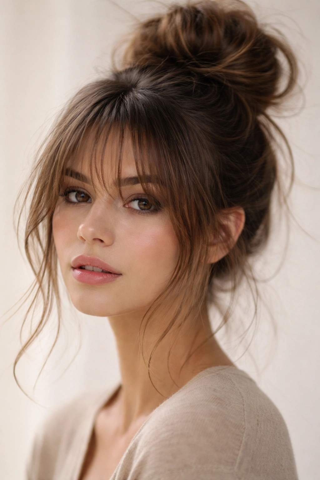 High crown bun with wispy face-framing bangs catching light