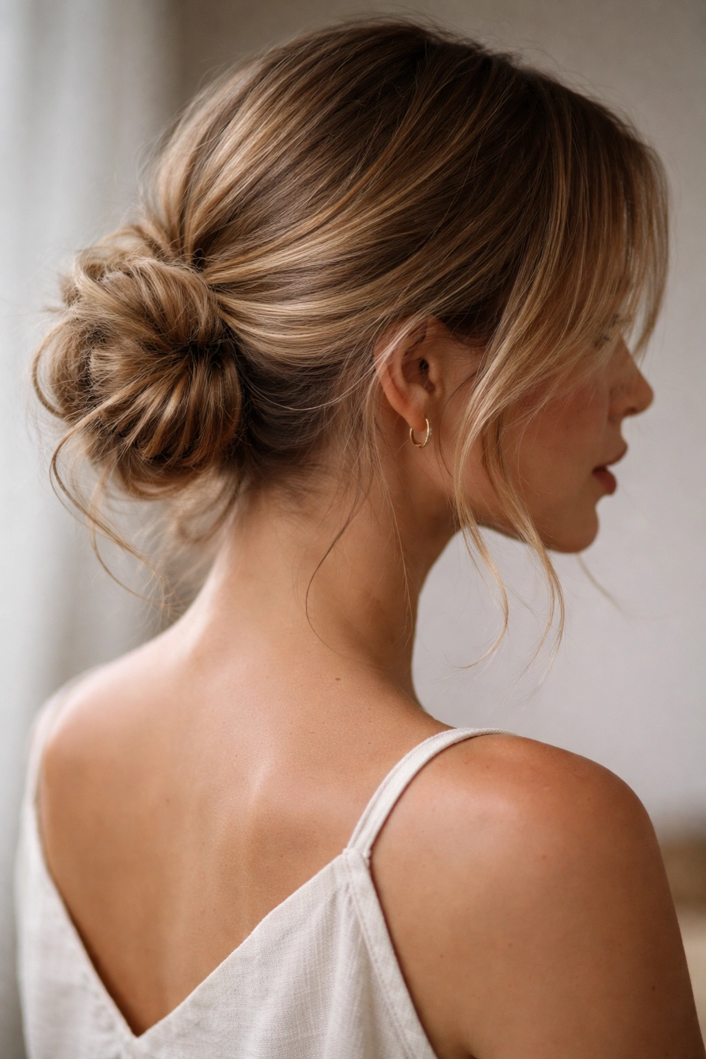 Low, relaxed bun at the back of head with wispy pieces around the face