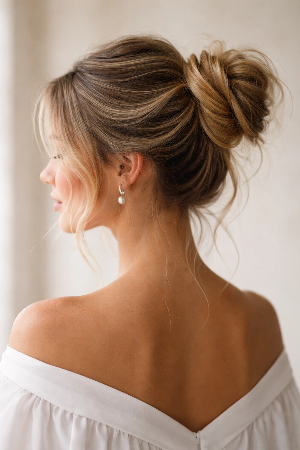 Close-up of a high, undone graduation bun with loose framing strands.