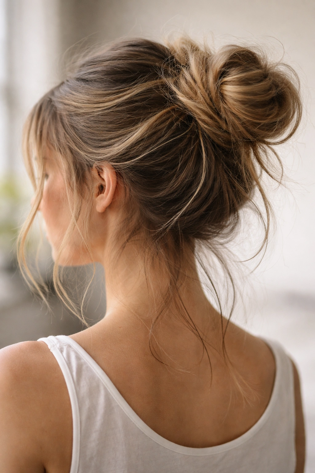Very loose undone messy bun with wispy strands