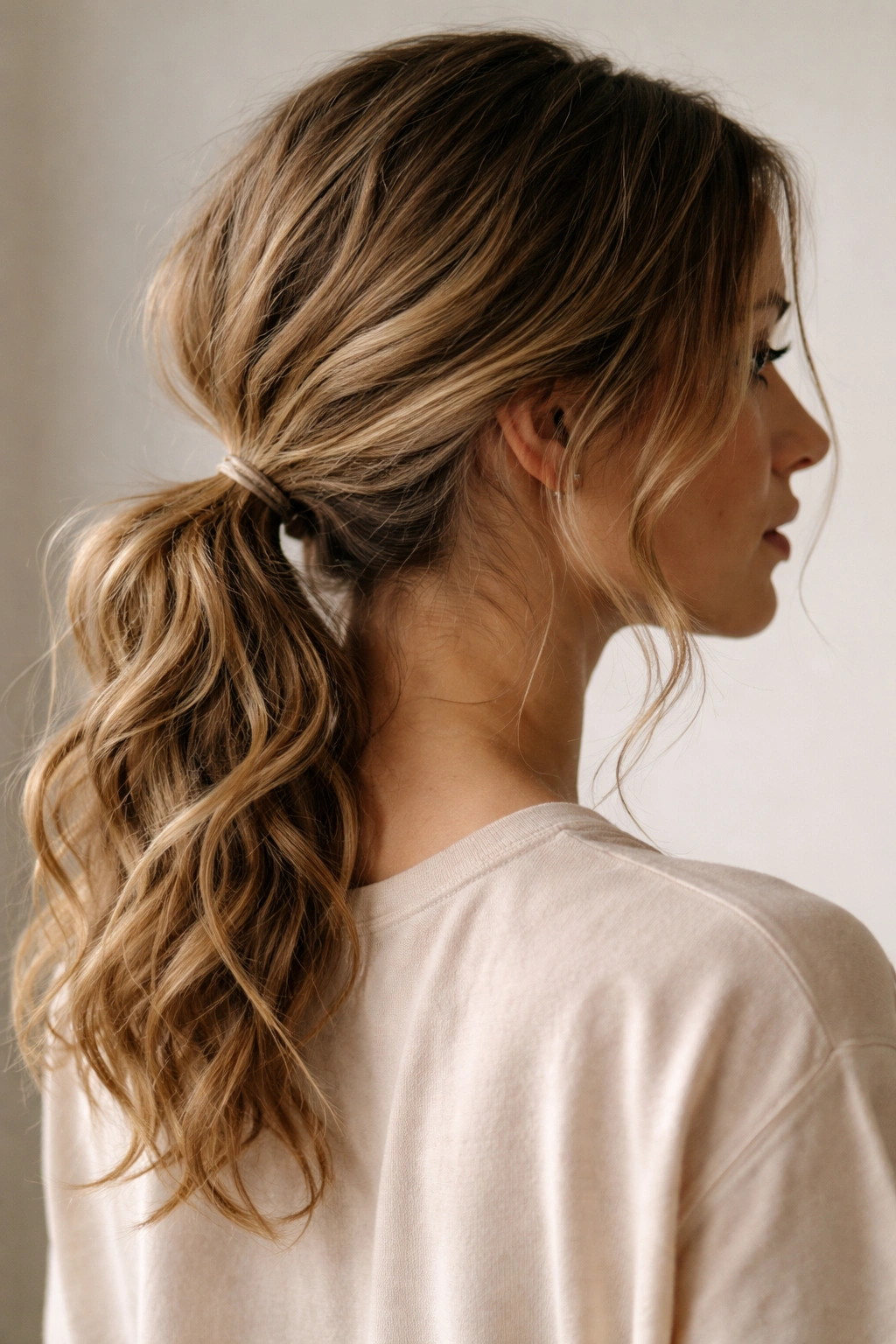 Undone low ponytail at the nape with loose wavy texture