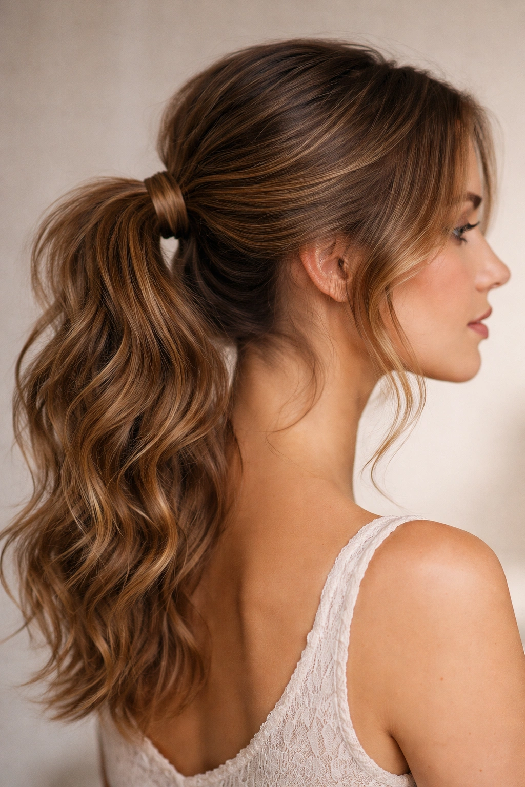 Side view of a wavy ponytail with a hair wrap around the elastic