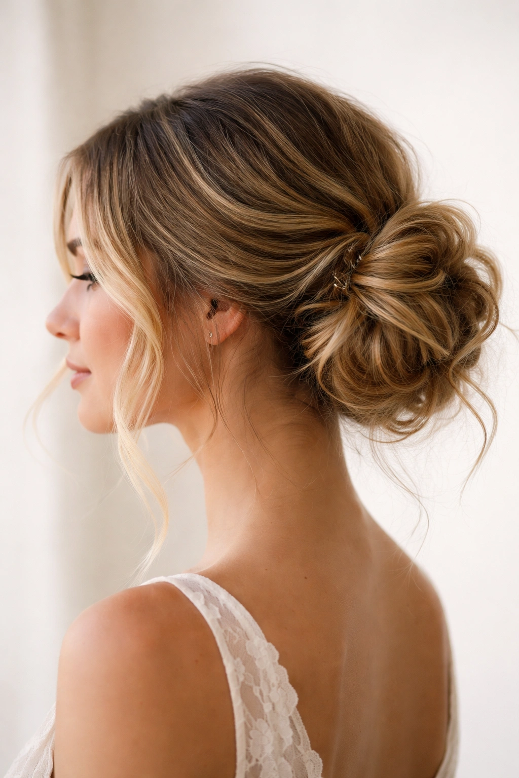 Loosely pinned undone side bun with visible pins