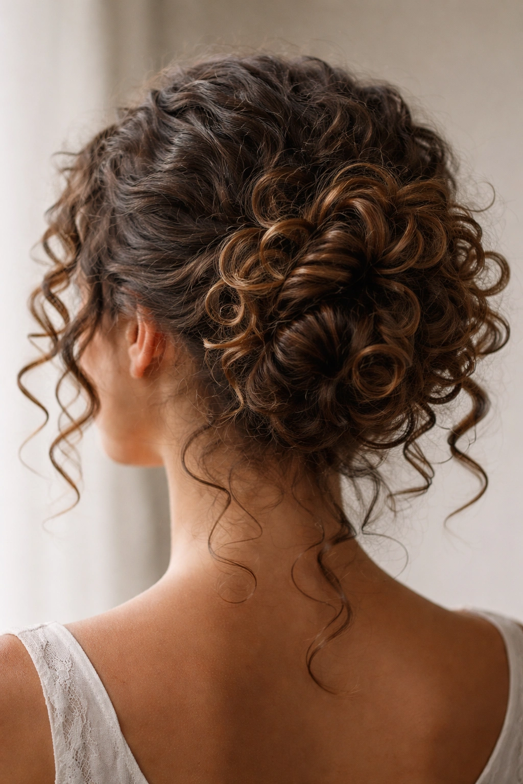 Undone spiral bun with individual curls visible