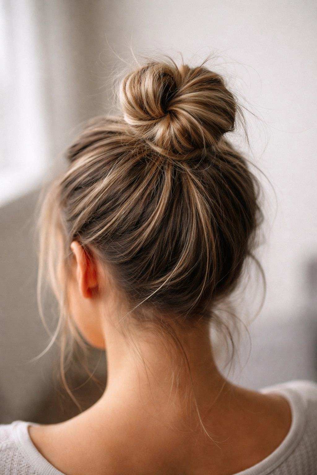 Undone top knot at crown with tight twist