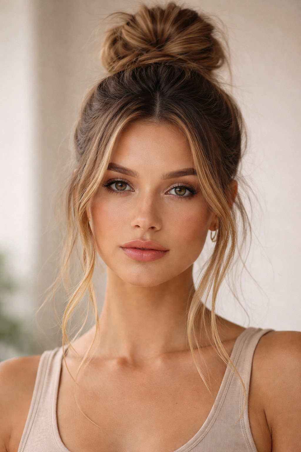 Front view of a crown-high undone top knot with middle part