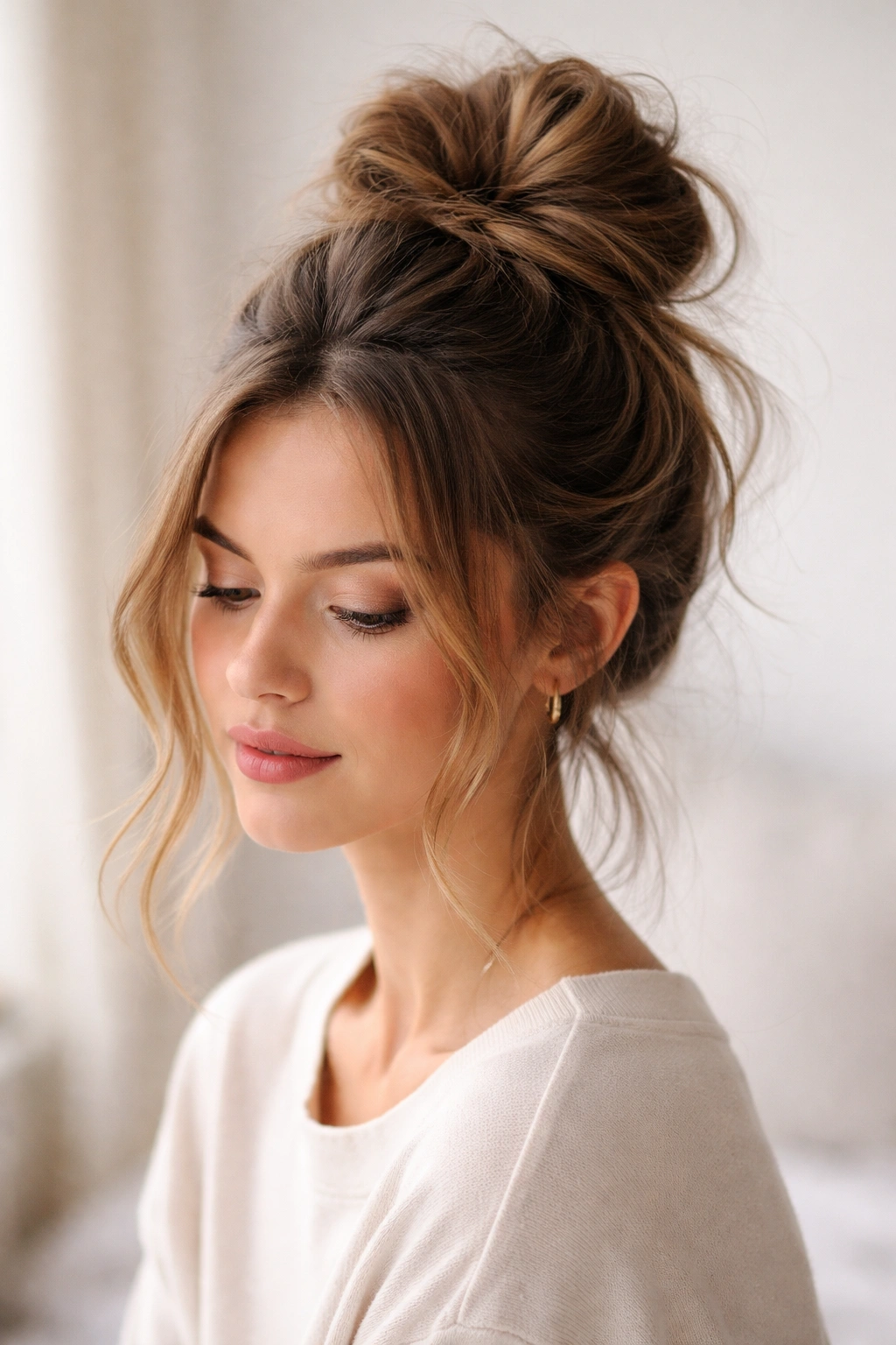 Very high undone topknot with loose tendrils around the face