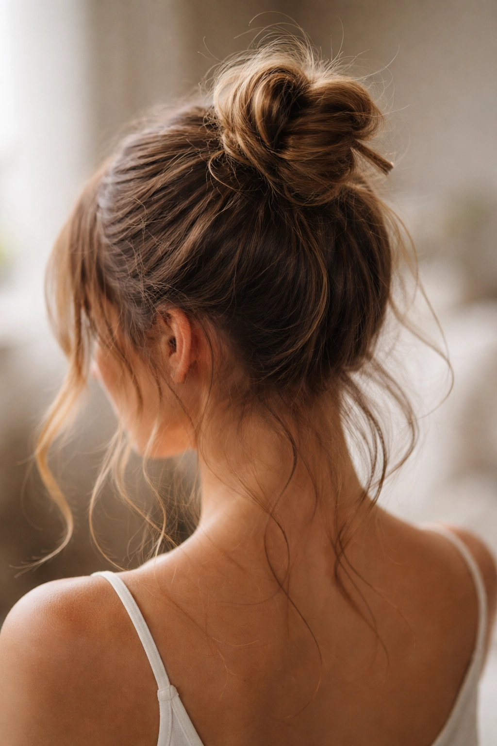 Top-down view of an undone topknot with loose wisps around the face
