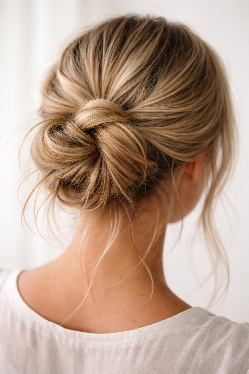 Two twisted sections wrapped into a relaxed blonde messy bun