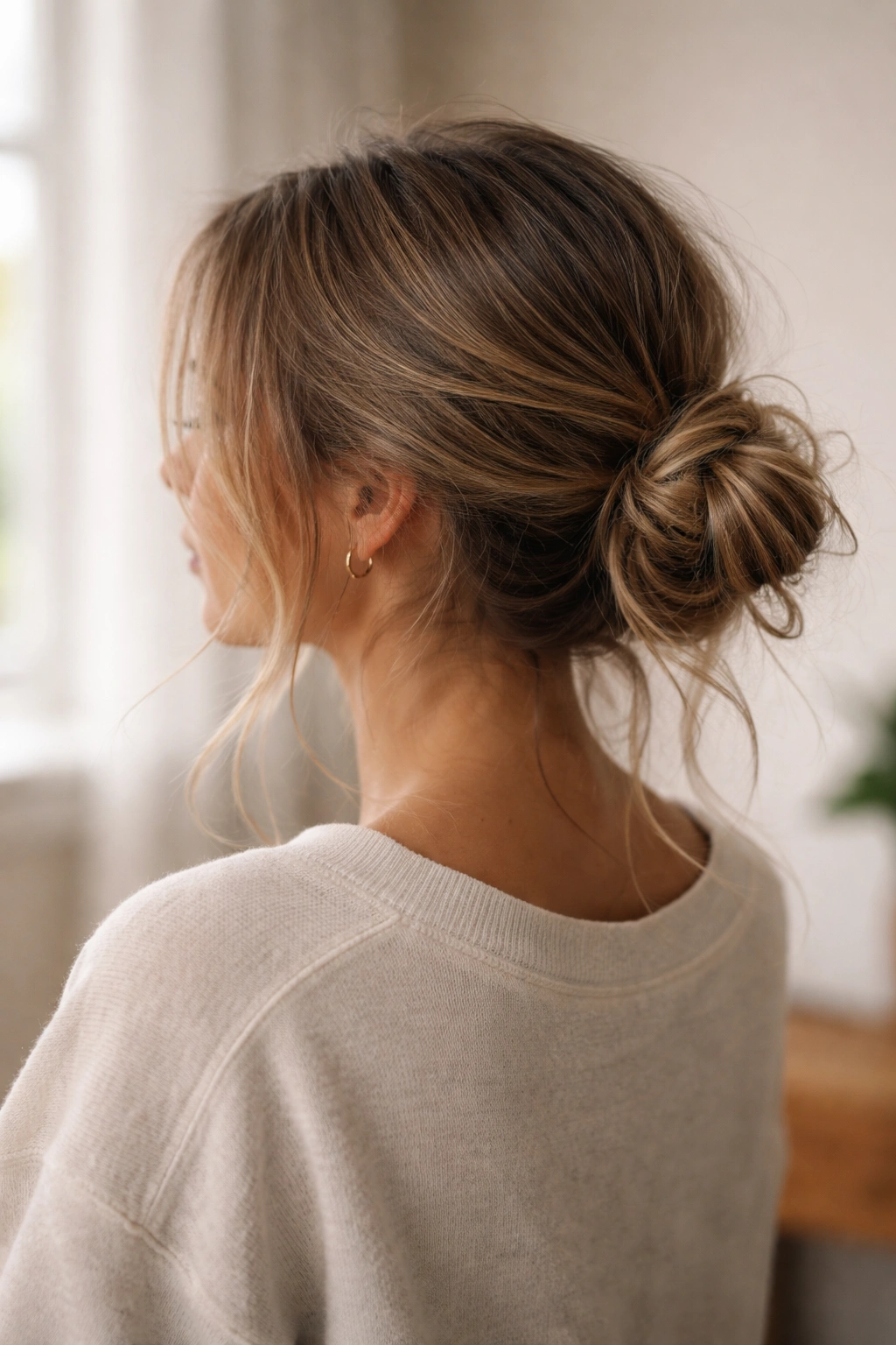 Undone low bun with wispy flyaways framing the face