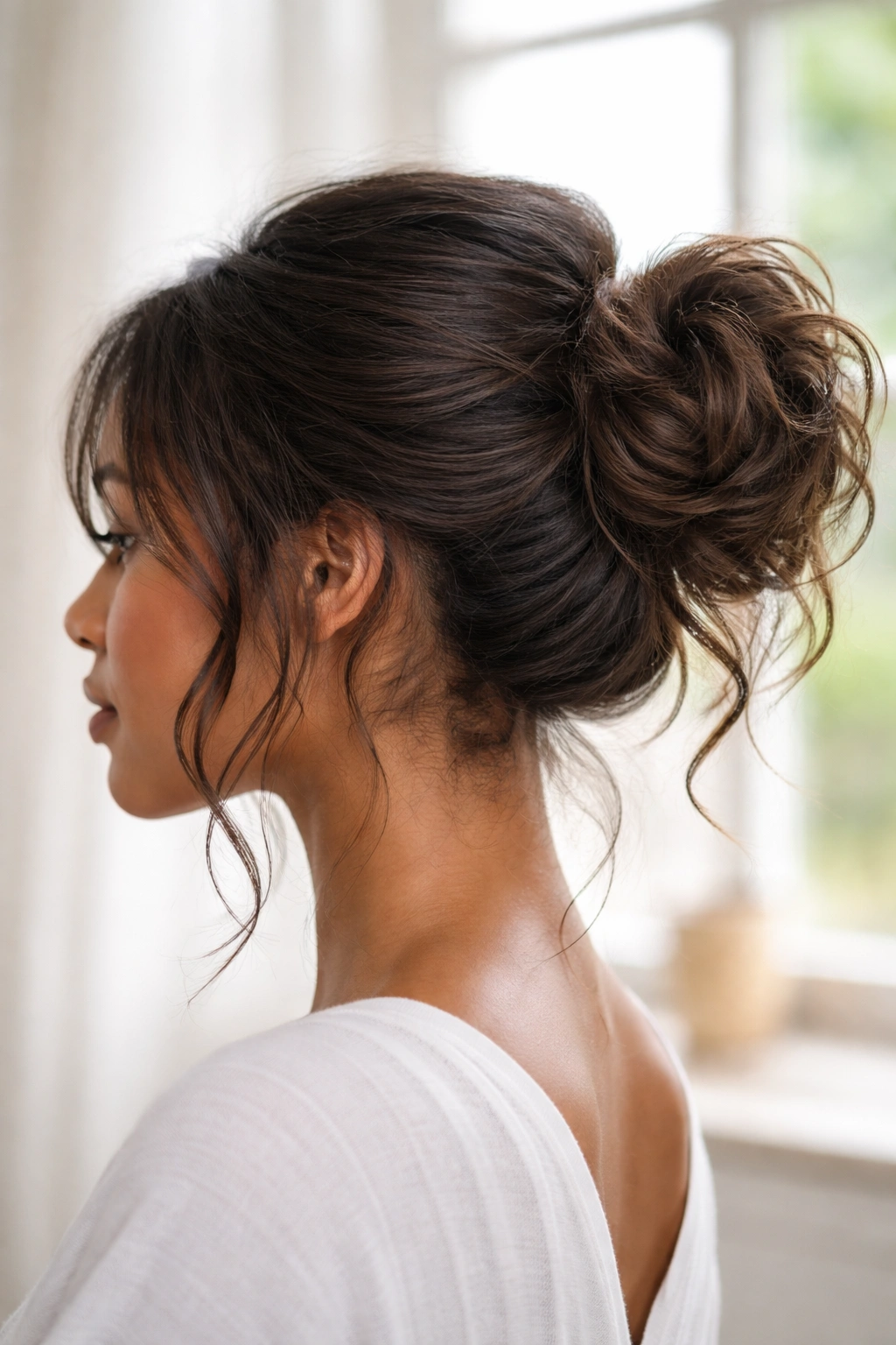 Undone wave messy bun with loose waves and textured ponytail
