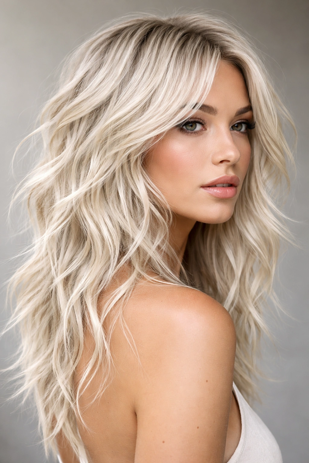 Undone waves with choppy layered platinum blonde hair showing movement
