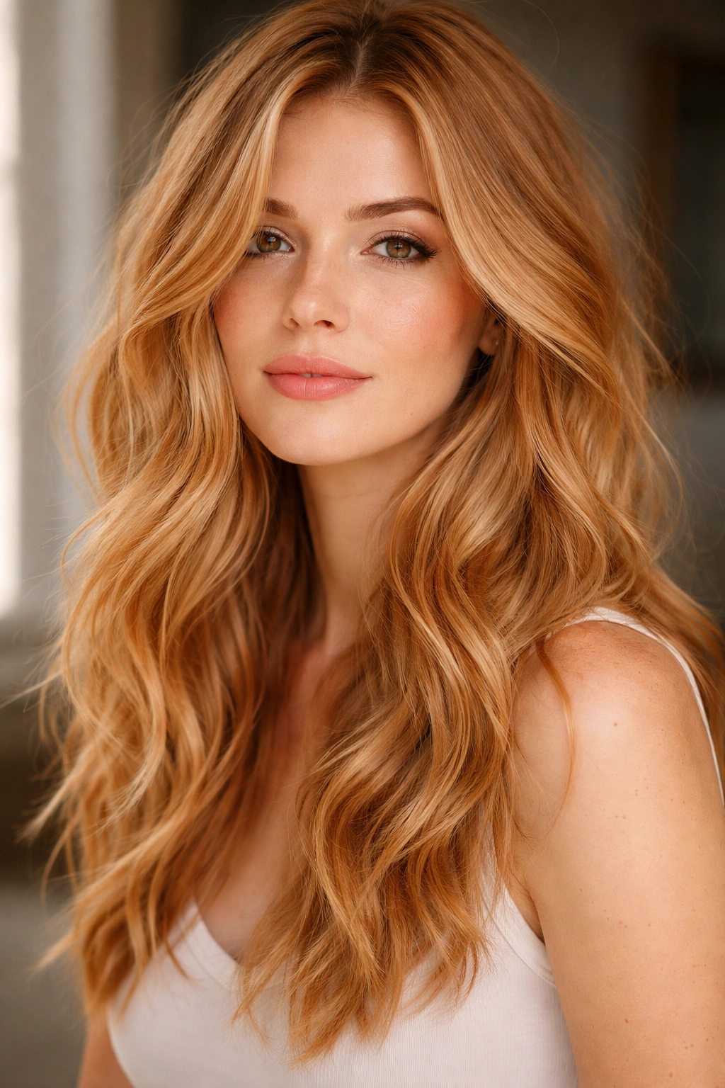 Close-up of strawberry blonde undone waves with natural texture