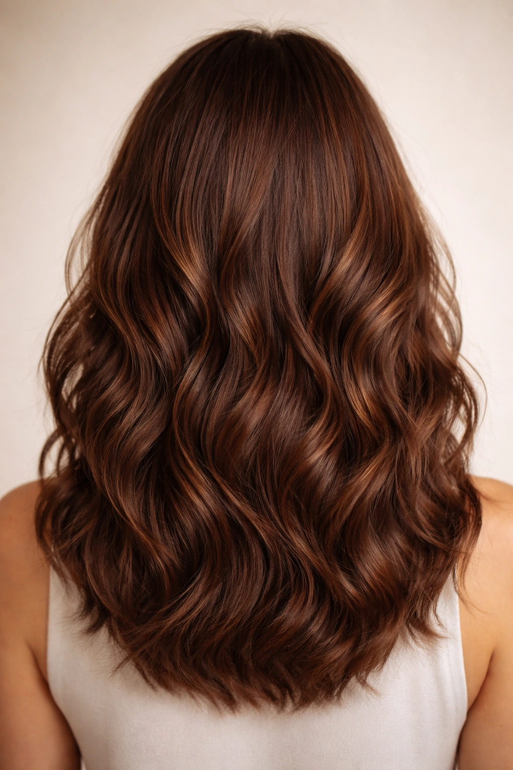 Chestnut wavy lob with extensions and full, natural waves.