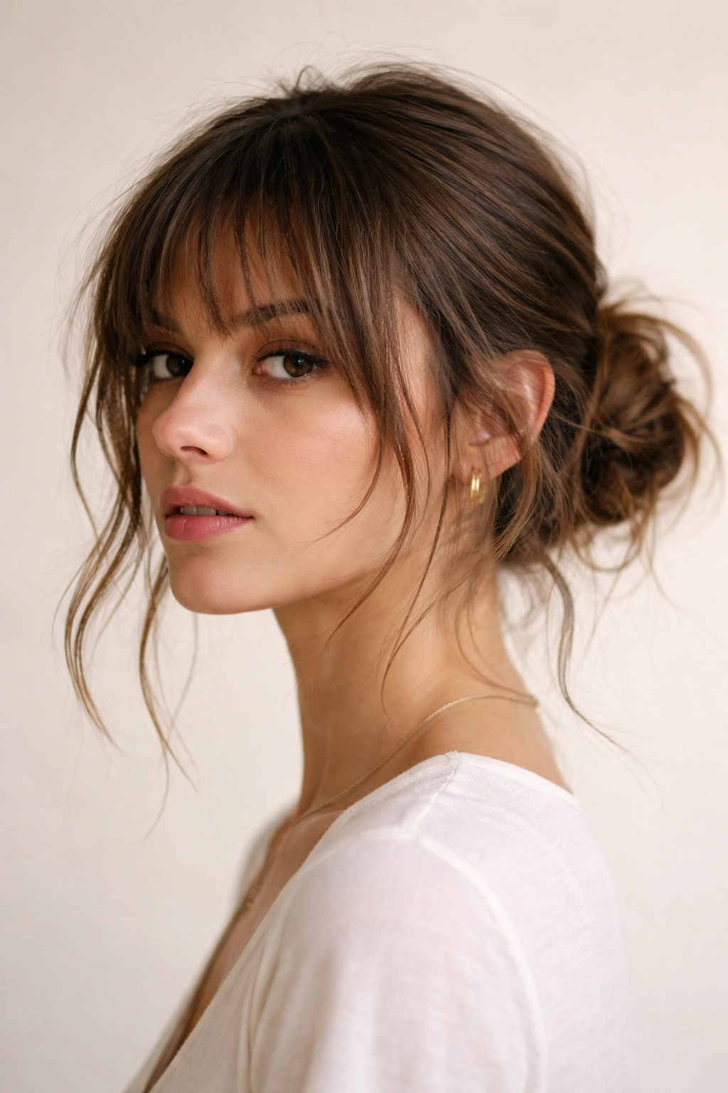 Portrait of a person with an undone low bun and choppy bangs, showing textured, relaxed styling