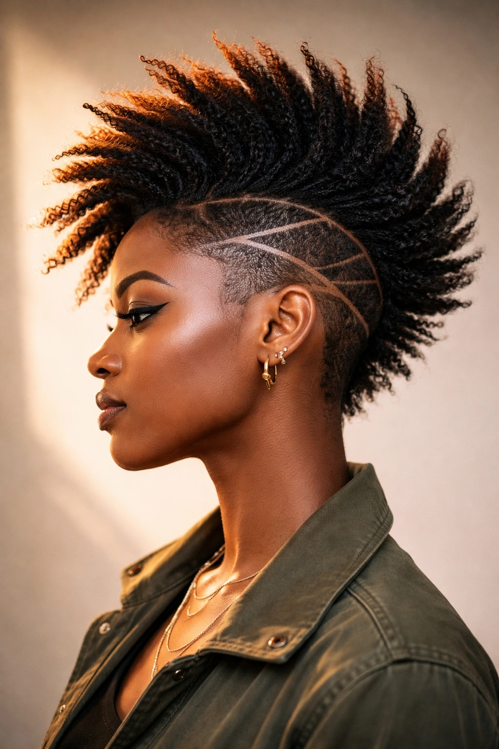 Side profile of a mohawk with angular silhouette and color at tips