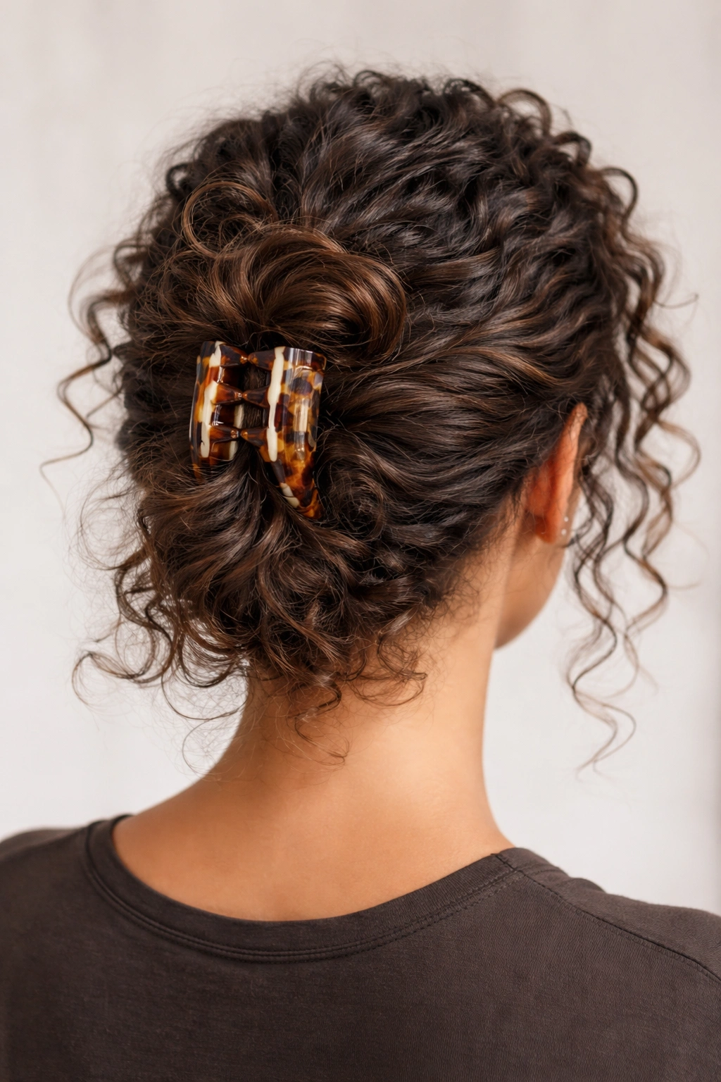 Back view of curly hair twisted into an updo with a jumbo claw clip at the crown
